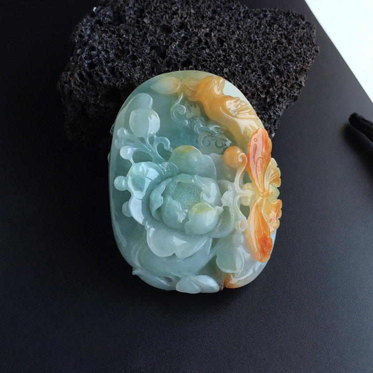 糯冰种晴水黄翡碟恋花挂件