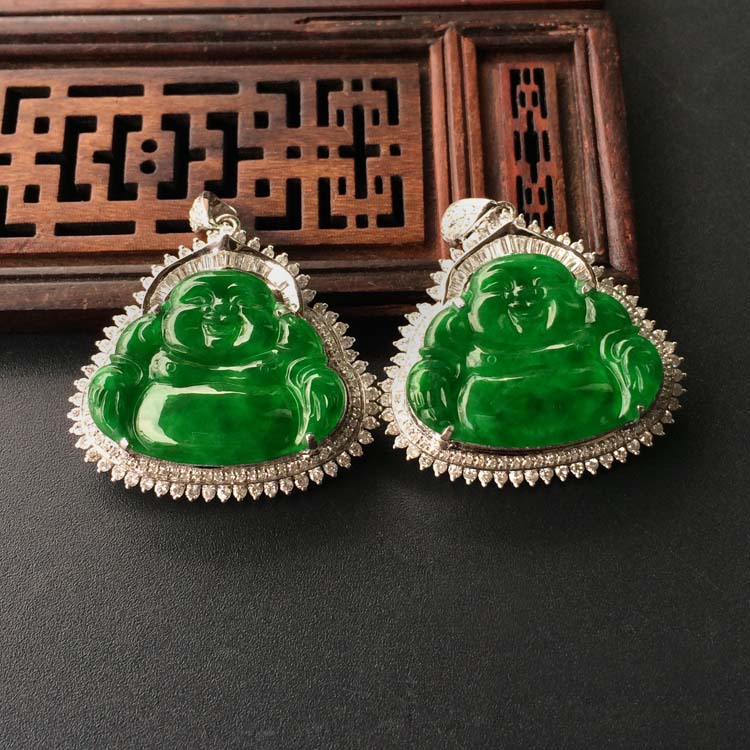 (超值推荐)冰种正阳绿镶白金钻石玉佛胸坠(单价)