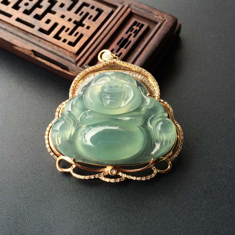 (超值推荐)冰种晴水镶玫瑰金钻石玉佛胸坠