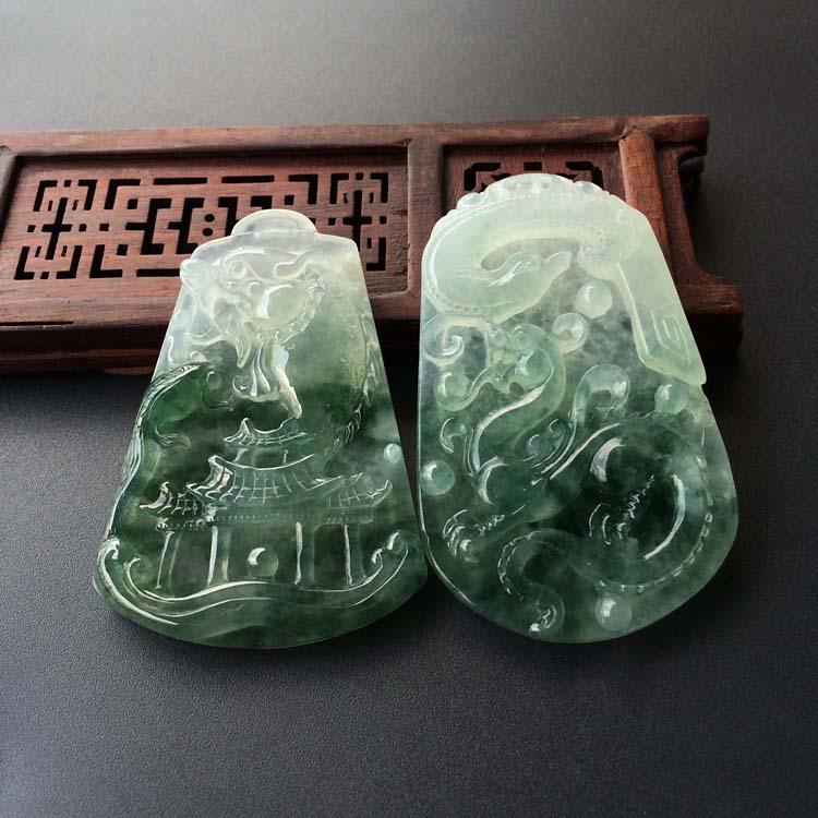 (超值推荐)冰种飘花龙凤呈祥/鱼跃龙门挂件(一对)
