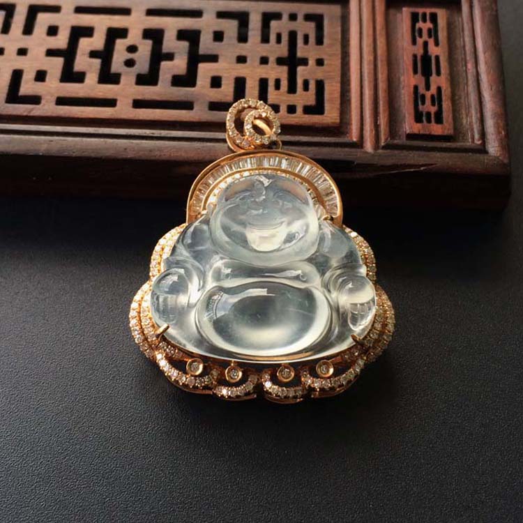 (超值推荐)冰种淡晴水镶玫瑰金钻石玉佛胸坠