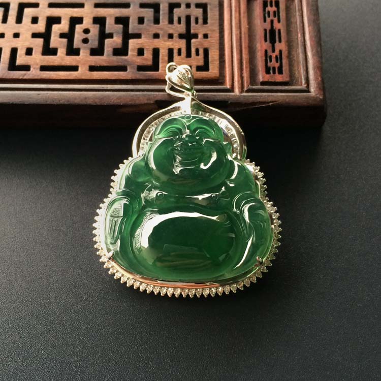 (超值推荐)冰种蓝水镶白金钻石玉佛胸坠