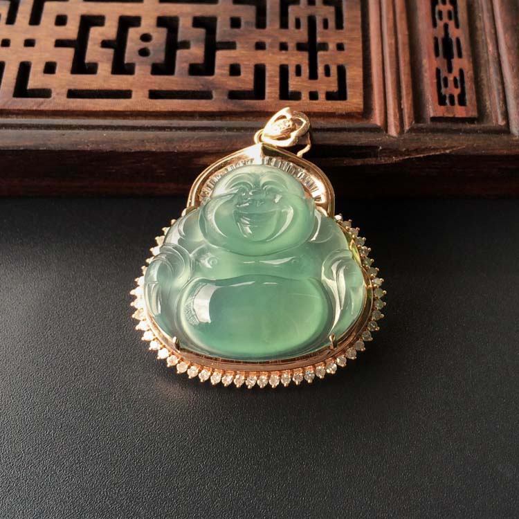 (超值推荐)冰种晴水镶玫瑰金钻石玉佛胸坠