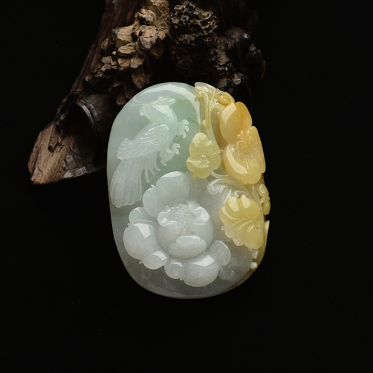 糯冰种晴水黄翡花开富贵挂件
