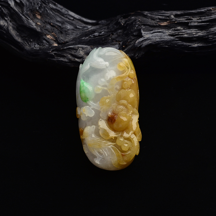 糯冰种三彩花开富贵挂件
