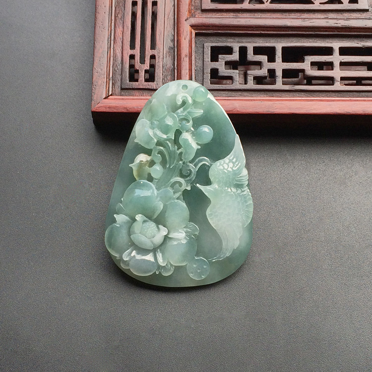 (超值推荐)糯冰种蓝水黄翡花开富贵挂件