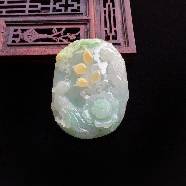 糯冰种淡三彩鸟语花香挂件