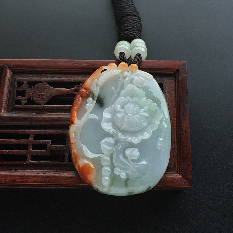 (超值推荐)糯冰种红黄翡花开富贵挂件
