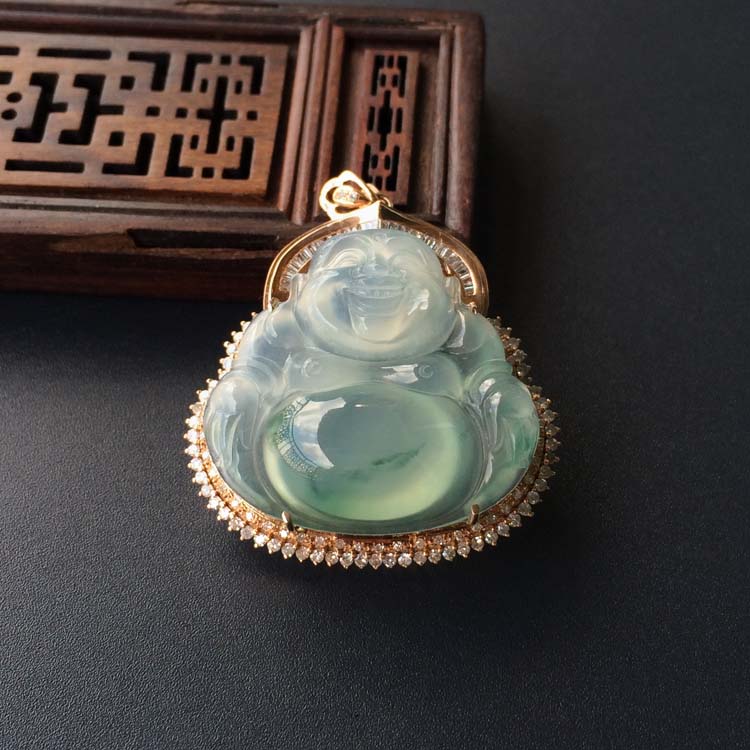 (超值推荐)冰种飘花镶玫瑰金钻石玉佛胸坠