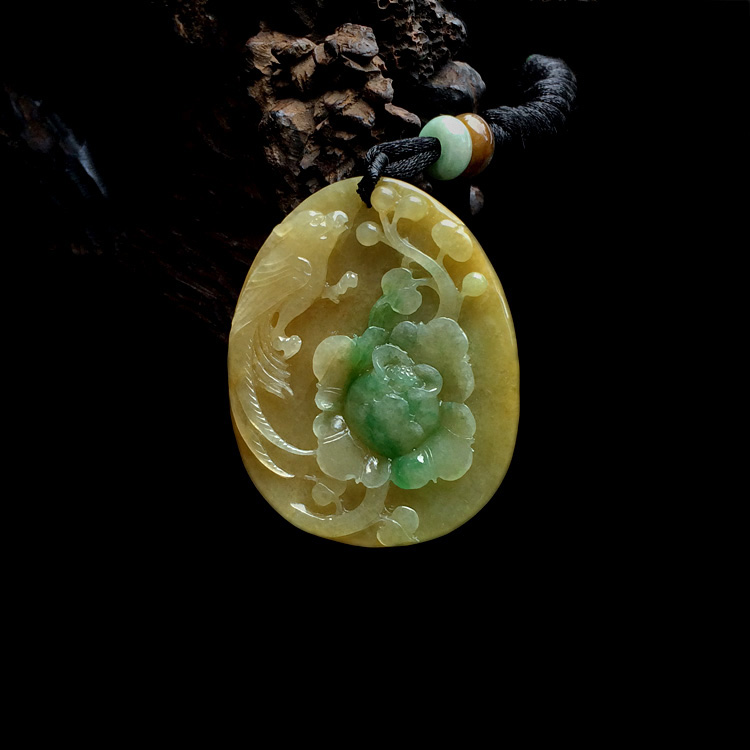 糯冰种黄加绿花开富贵挂件