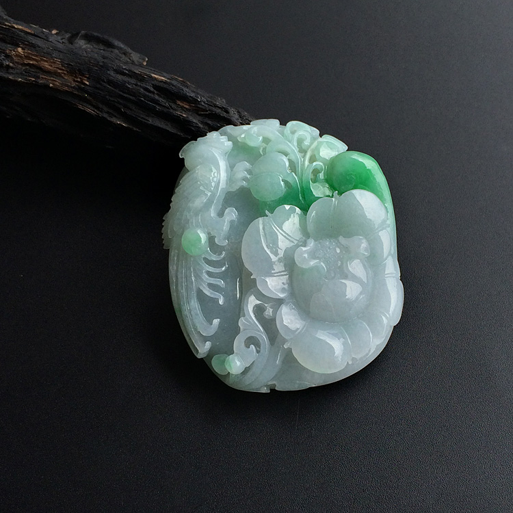 (超值推荐)糯冰种飘翠鸟语花香挂件