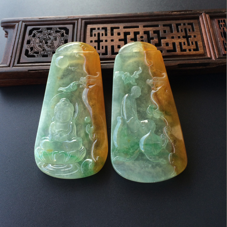 (超值推荐)冰种黄加绿宝宝佛/悟道挂件(一对)