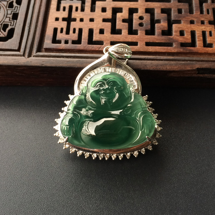 (超值推荐)冰种蓝水镶白金钻石玉佛胸坠