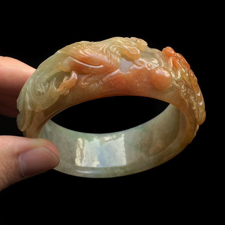 糯冰种褐黄翡雕花手镯（58.5mm）