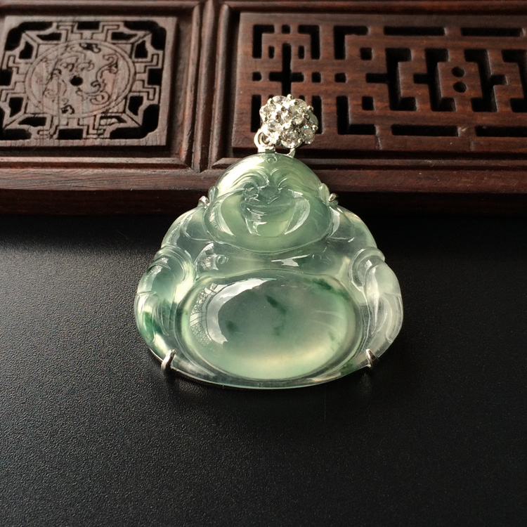 (超值推荐)冰种飘花镶白金钻石玉佛胸坠