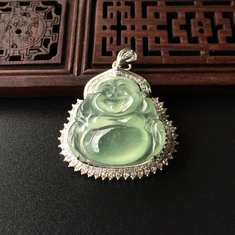 (超值推荐)冰种晴水镶白金钻石玉佛胸坠