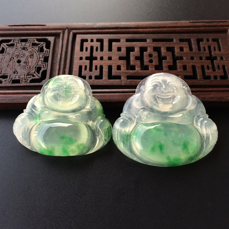 (超值推荐)冰种飘绿花玉佛挂件(一对)