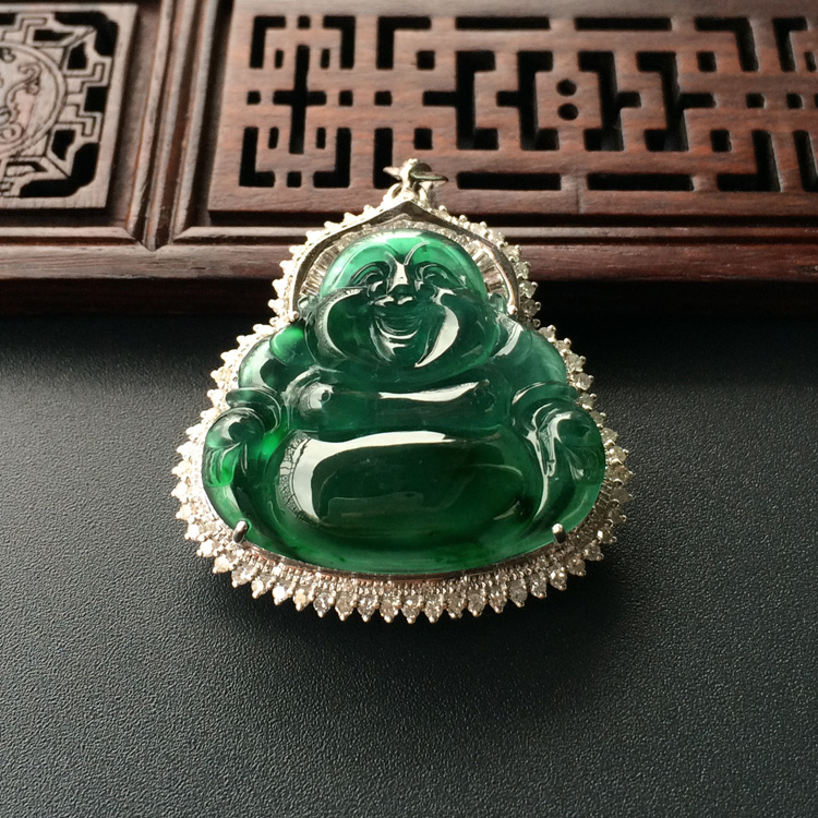 (超值推荐)冰种蓝水镶白金钻石玉佛胸坠