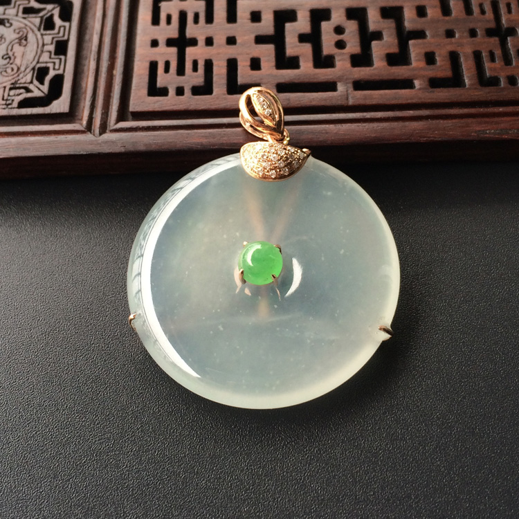 (超值推荐)冰种淡晴水镶玫瑰金钻石平安扣胸坠
