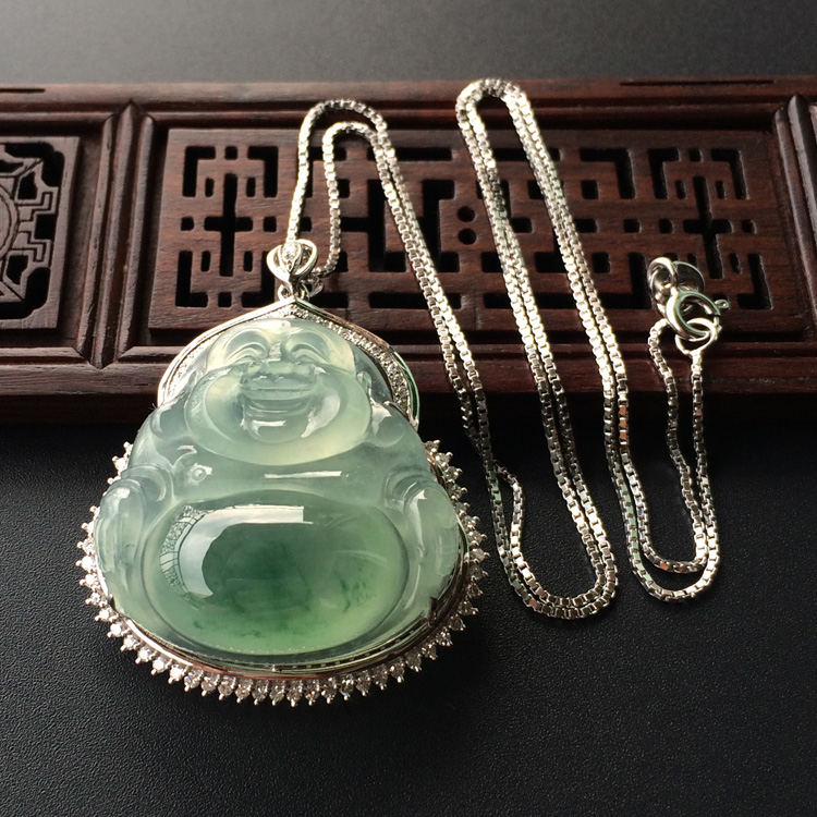 (超值推荐)冰种飘花镶白金钻石玉佛胸坠
