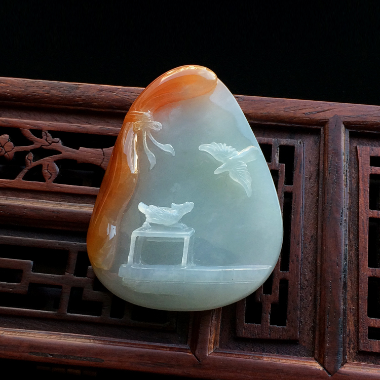 糯冰种红黄翡双喜临门挂件