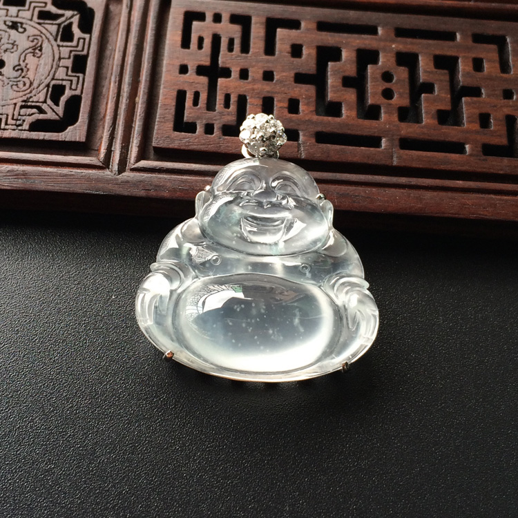 (超值推荐)冰种淡晴水镶白金钻石玉佛胸坠
