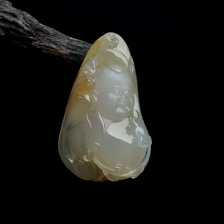糯冰种淡黄翡童子送福挂件