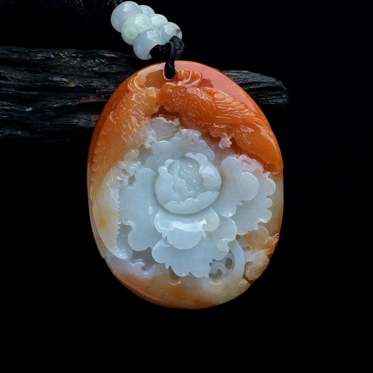 糯冰种红黄翡富贵花开挂件
