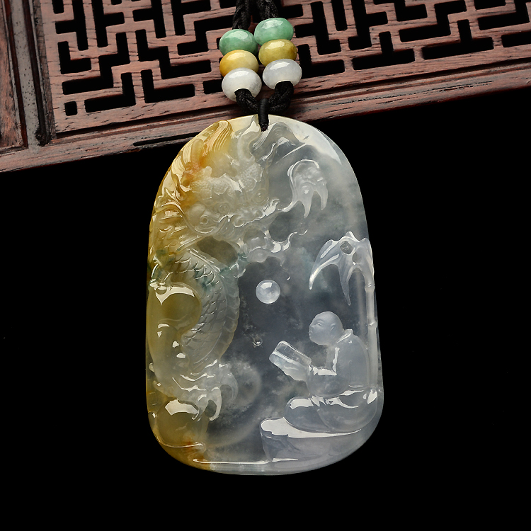 冰种黄翡飘花望子成龙挂件