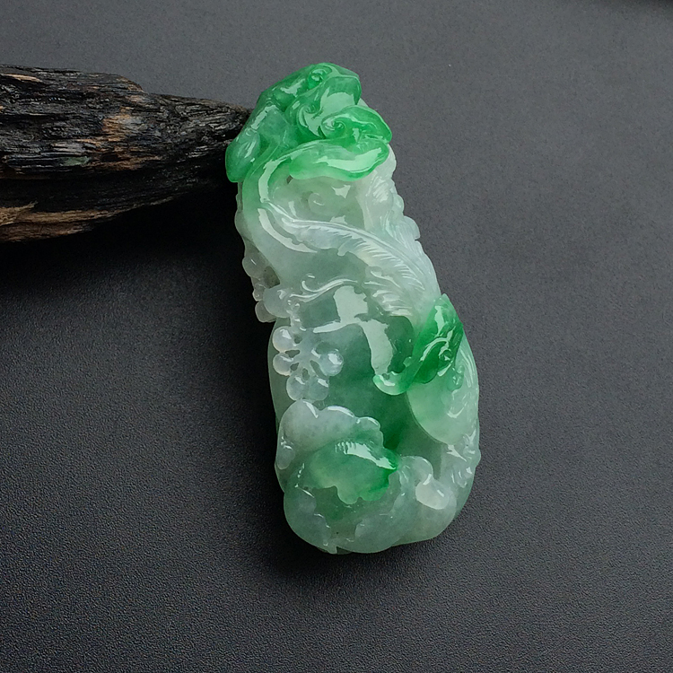 糯冰种飘翠花开富贵挂件