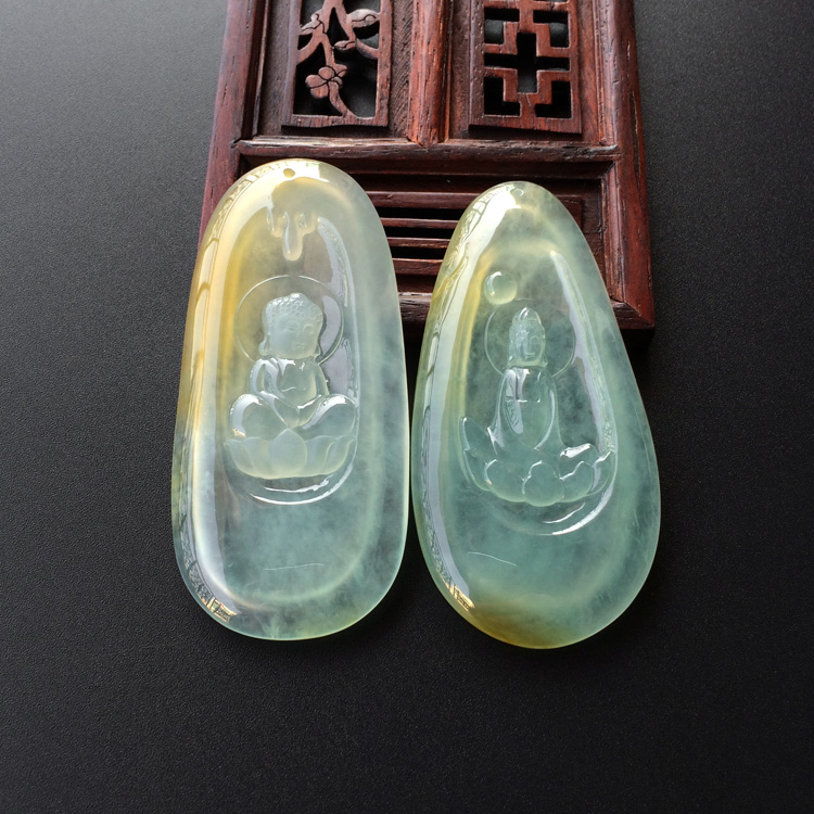 (超值推荐)冰玻种晴水黄翡观音/宝宝佛挂件(一对)