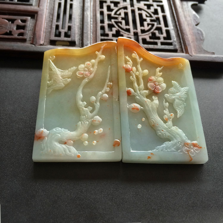 （超值推荐）糯冰种飘红黄翡喜上眉梢挂件（一对）