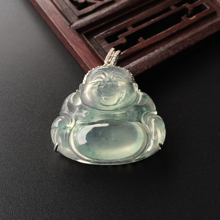 (超值推荐)冰种飘花镶白金钻石玉佛胸坠