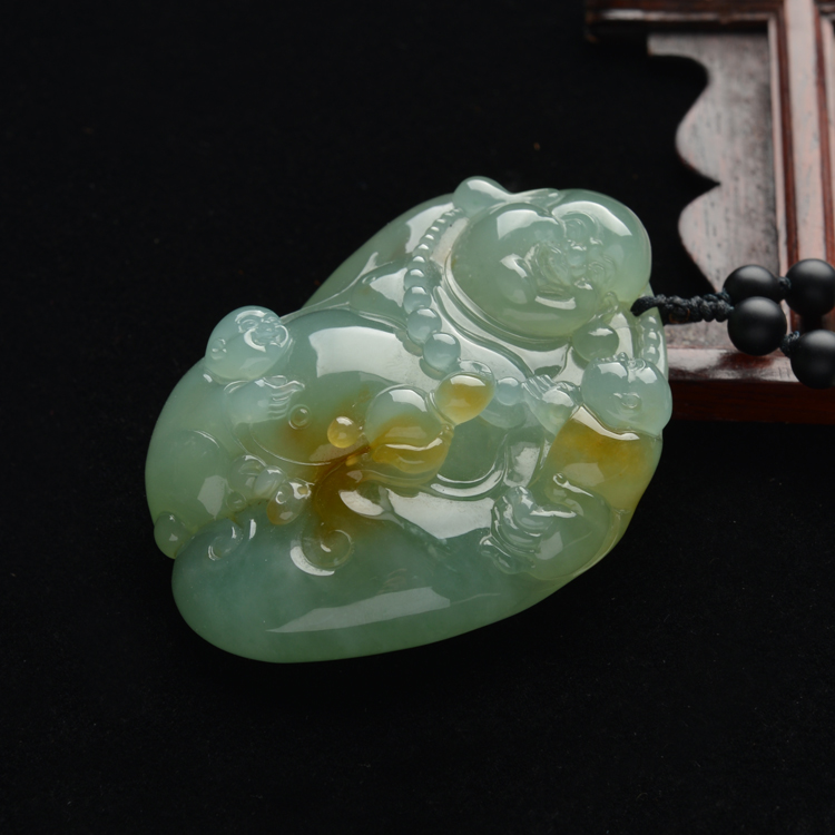 (超值推荐)冰种晴水带黄翡笑口常开挂件(王国清大师出品)