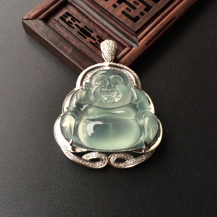 (超值推荐)冰种晴水镶白金钻石玉佛胸坠
