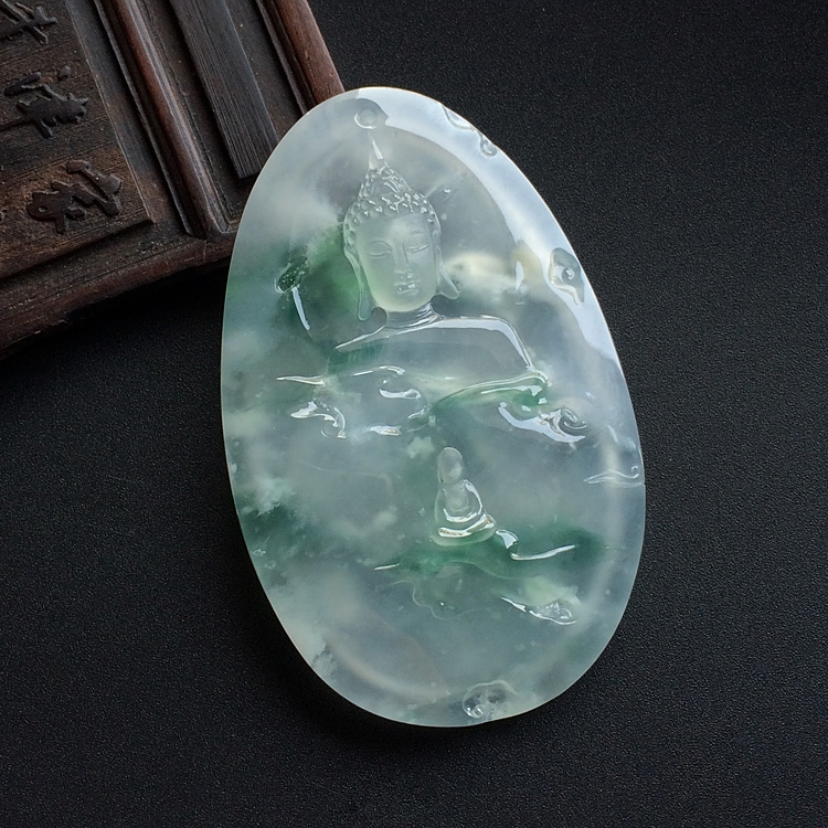 （超值推荐）（高松峰大师作品）冰玻种飘花普度众生挂件