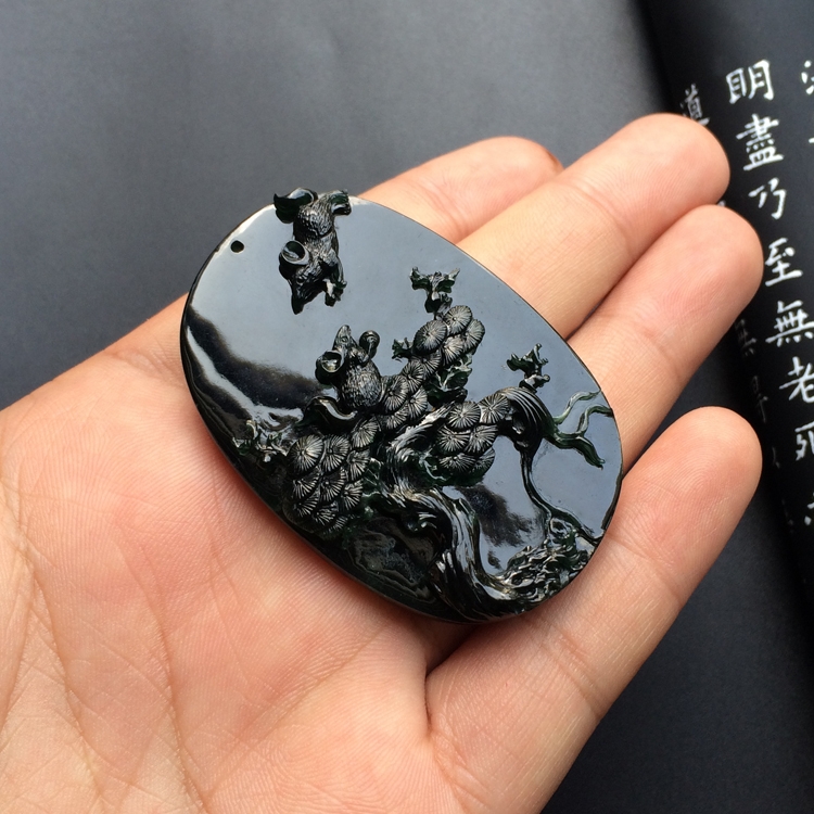 （超值推荐）冰玻种墨翠延年益寿挂件