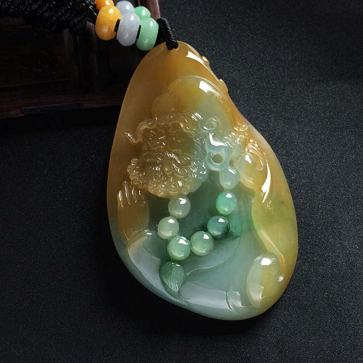 糯冰种黄翡飘花达摩挂件