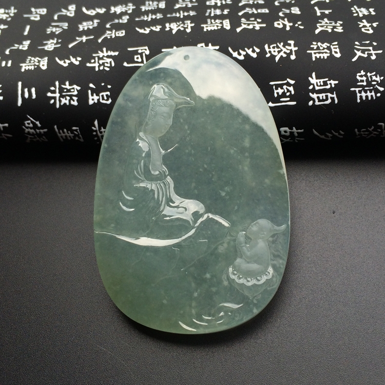 冰玻种晴水童子拜观音挂件(高松峰大师作品)