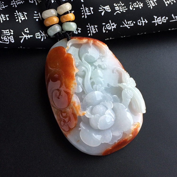 （超值推荐）糯冰种褐红翡花开富贵挂件