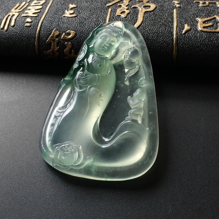 (超值推荐)冰玻种飘花童子拜观音挂件