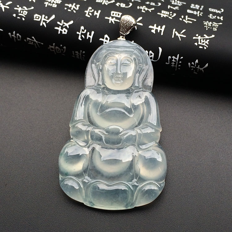 （超值推荐）冰玻种淡晴水略飘花观音挂件