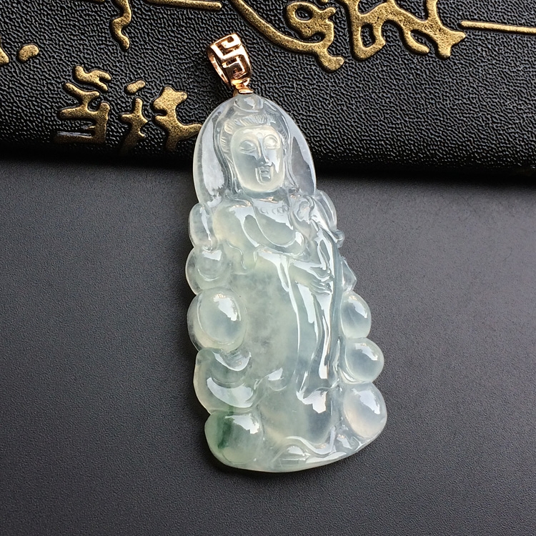 冰种略飘花站观音挂件