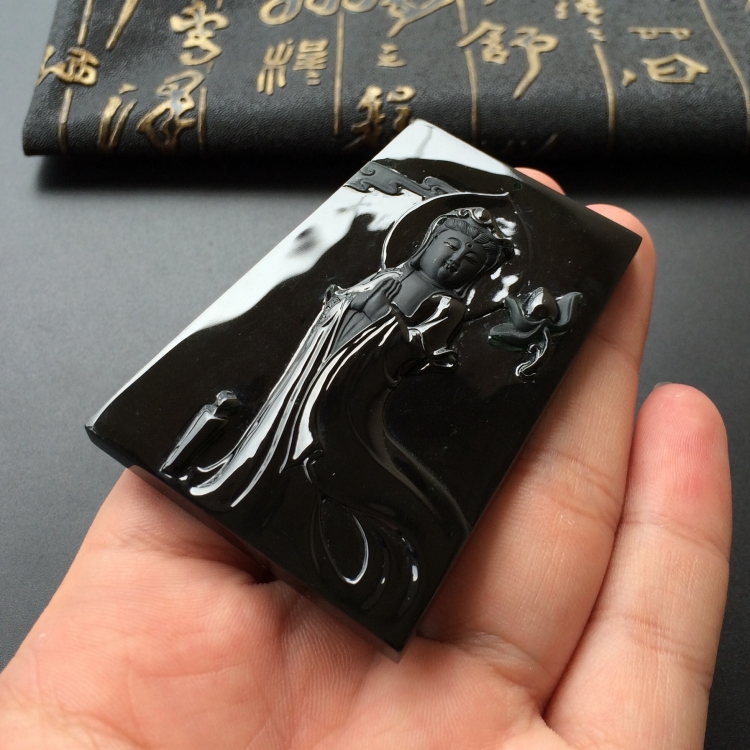 (超值推荐)玻璃种墨翠站观音挂件