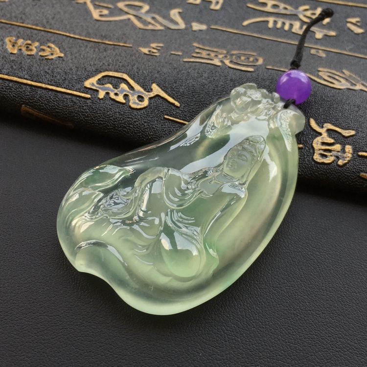 (超值推荐)玻璃种飘绿花观自在挂件