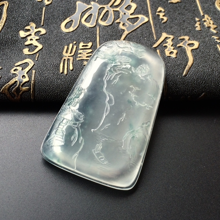 (超值推荐)冰玻种飘花山水牌挂件
