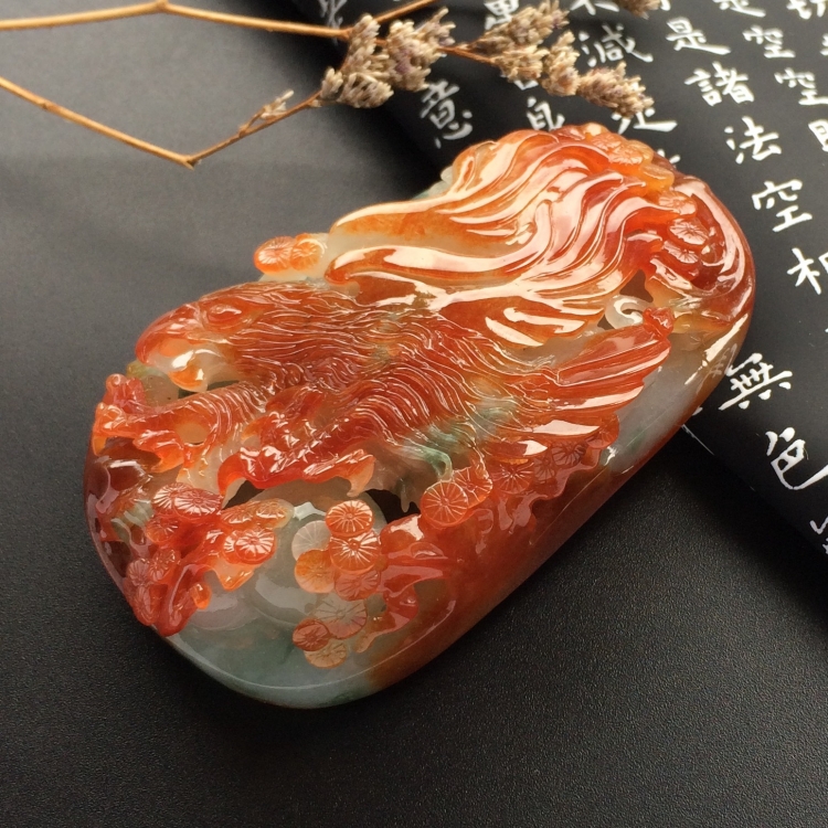 （超值推荐）糯冰种红黄翡飘花大展宏图挂件