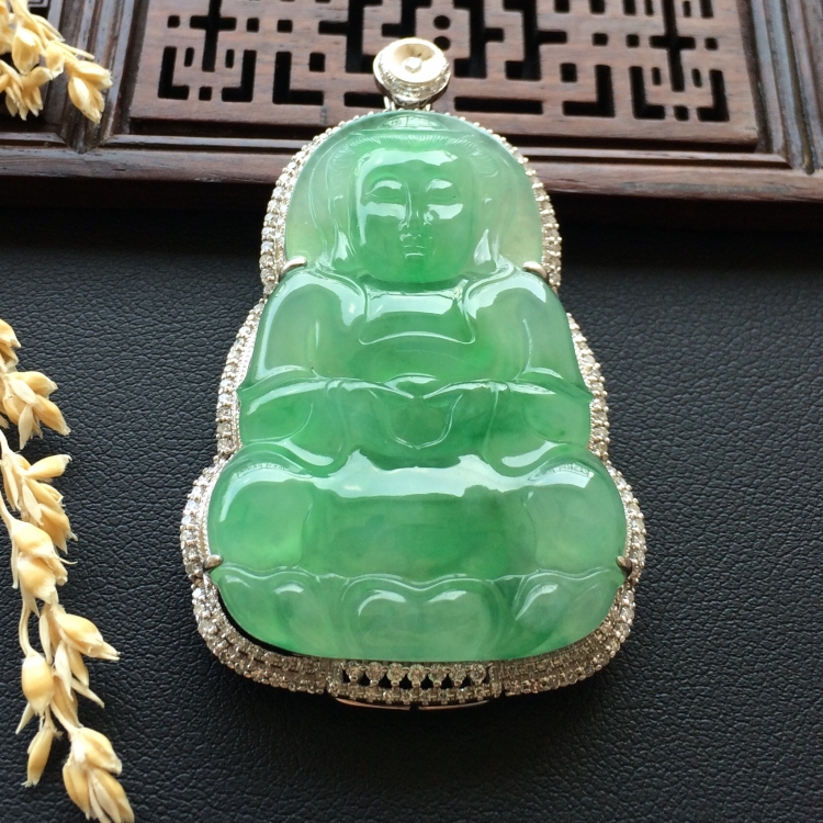 (超值推荐)冰种飘翠镶白金钻石观音胸坠
