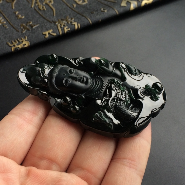 (超值推荐)冰种墨翠降龙观音挂件