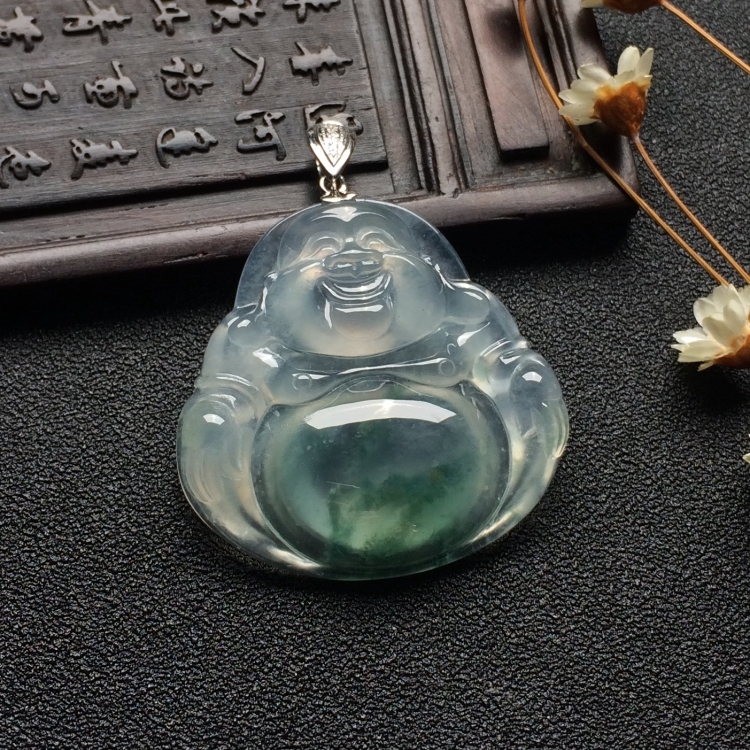 （超值推荐）冰种飘花玉佛挂件（金扣）